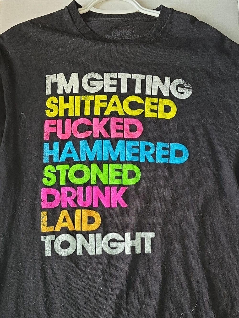 Spencers Black Retro Neon Text Party Graphic Tee Size L